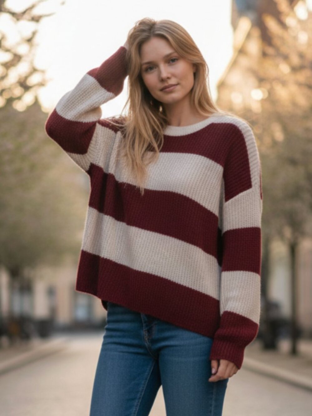 NWT Madewell Rosario Stripe Sweater Large, BURGUNDY/ HEATHER CLOUD Alpaca